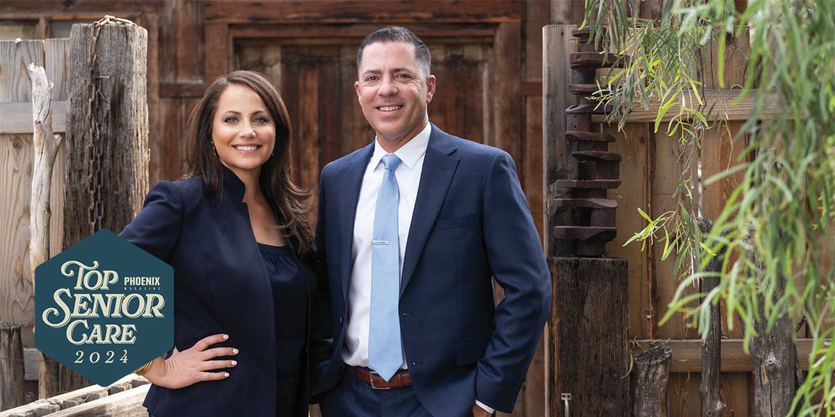 Photo of Candice Kochis-Dutton and Corey Miller of Senior Care Arizona as part of a feature for Phoenix Magazine's Top Senior Care 2024 article