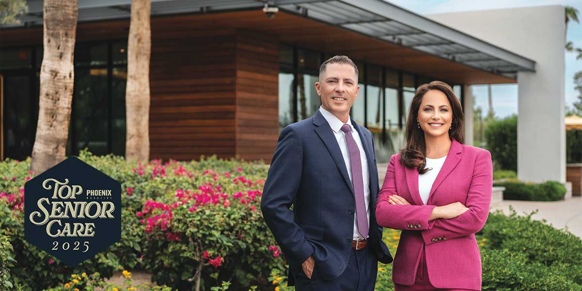 Photo of Candice Kochis-Dutton and Corey Miller of Senior Care Arizona as part of a feature for Phoenix Magazine's Top Senior Care 2025 article